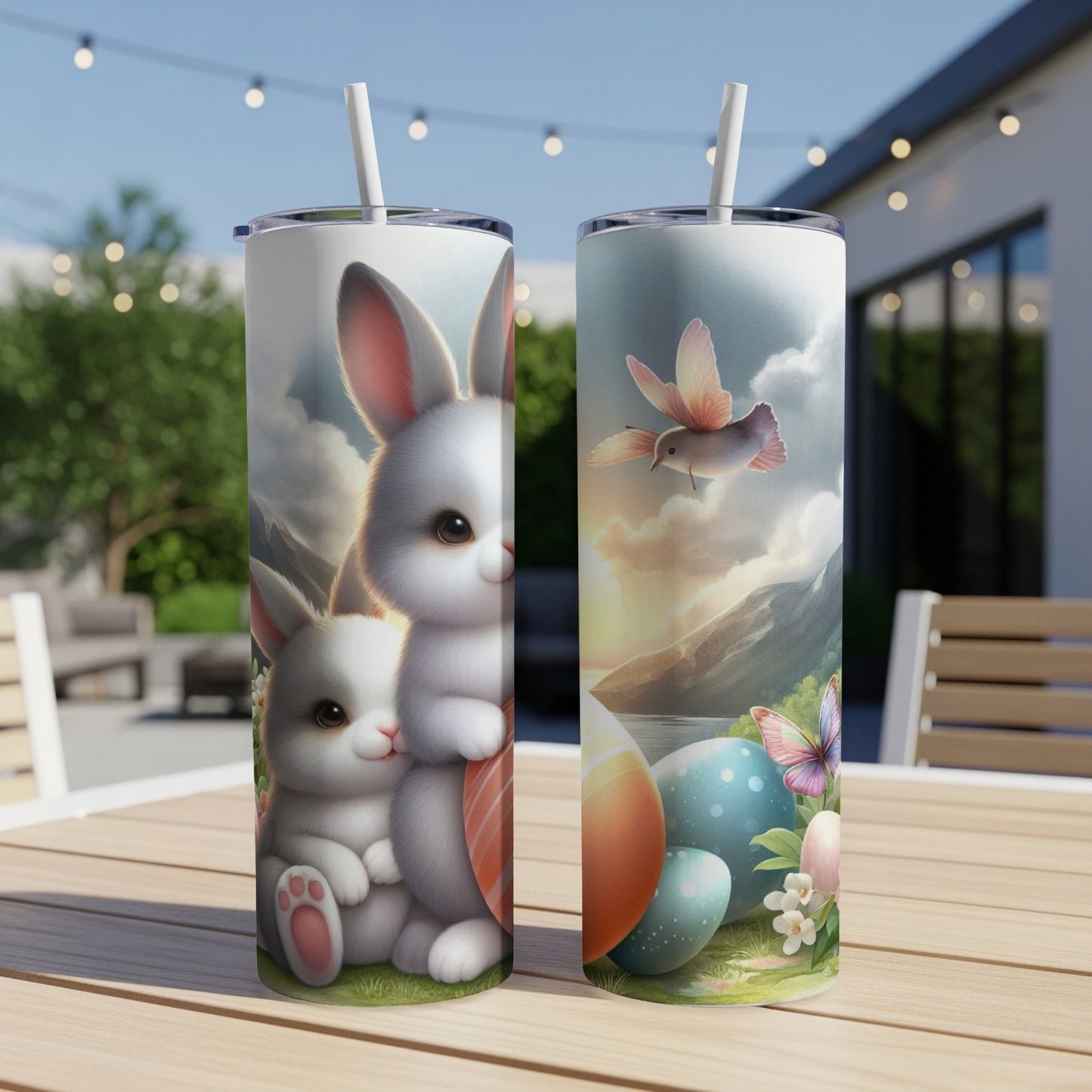 Two Easter-themed tumblers on a wooden table, featuring bunnies and an Easter egg.