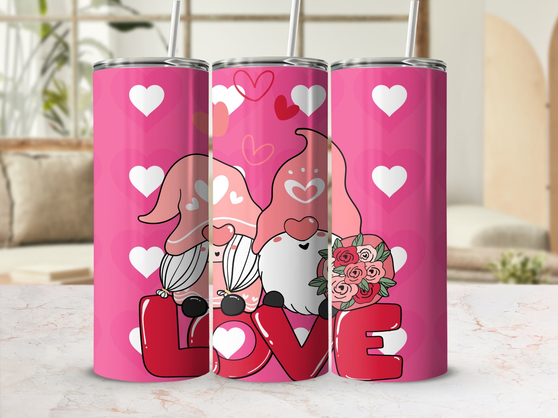 Valentines Day Gnomes with Love Pink Tumbler Cup