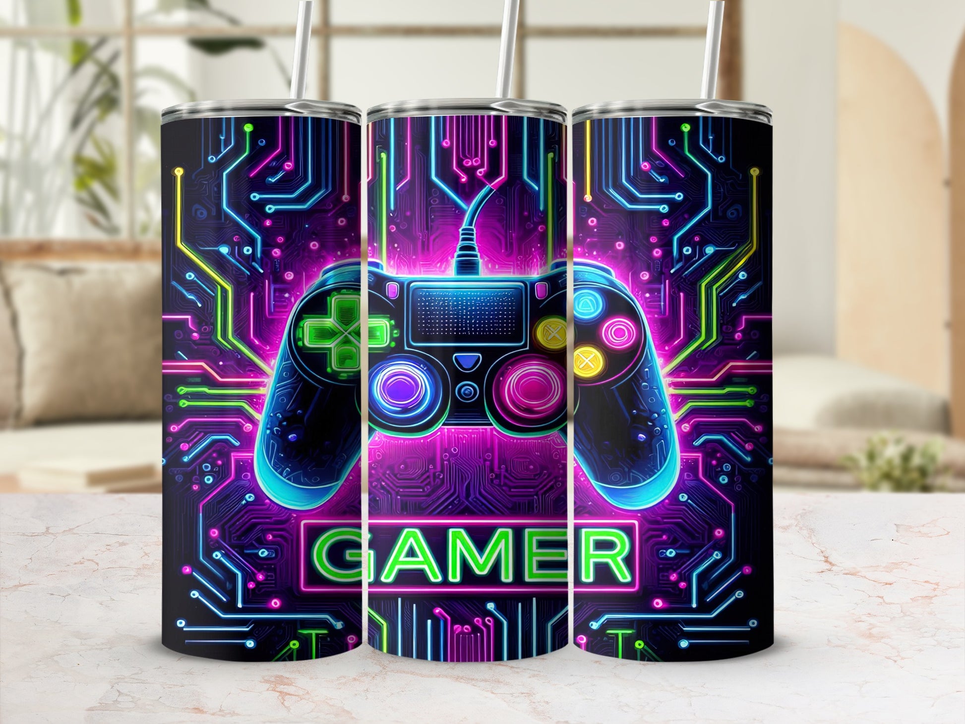 Black tumbler with neon circuit board design and video game controller.