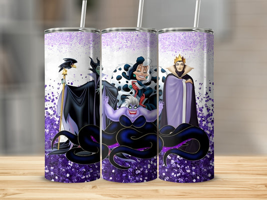Villain Characters Tumbler with Purple Glitter Design