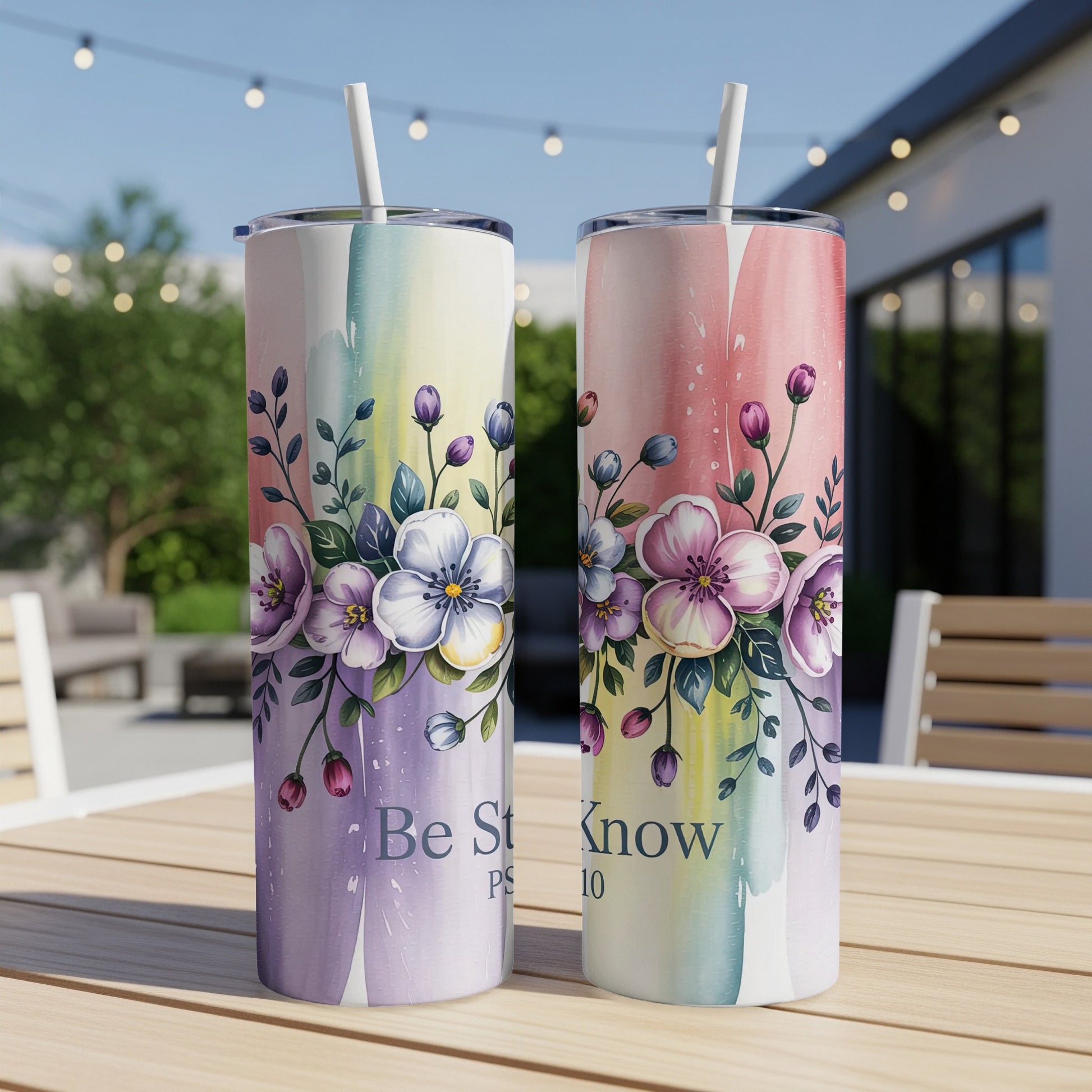 Two tumblers with floral designs and "Be Still Know PS 46:10" text.