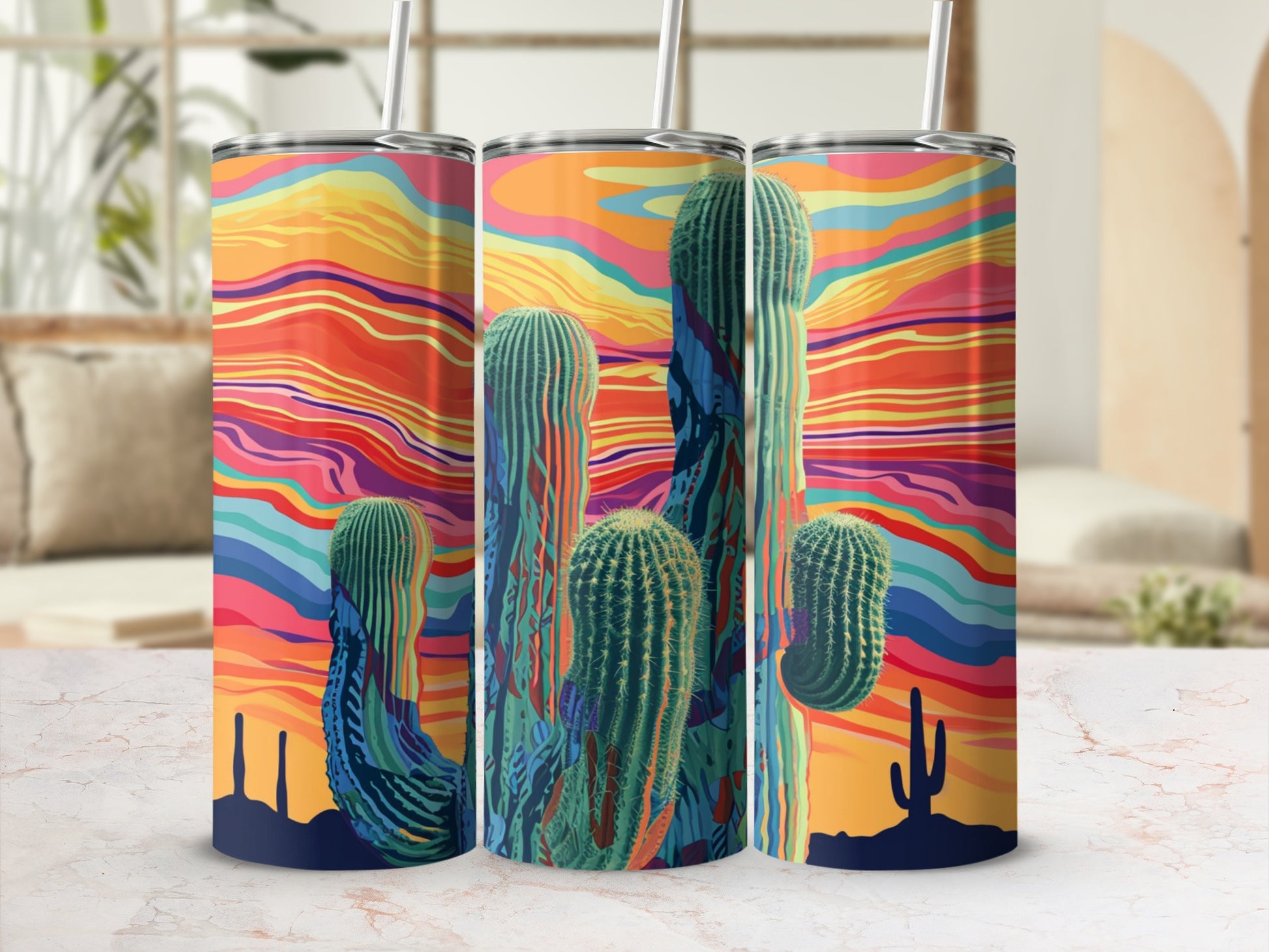 Tall cacti and desert landscape against a vibrant, multi-colored striped sky.