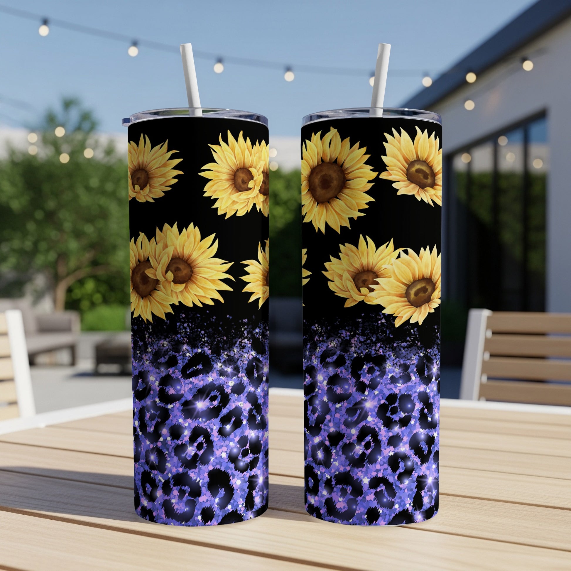 Two tumblers with sunflowers and purple leopard print.
