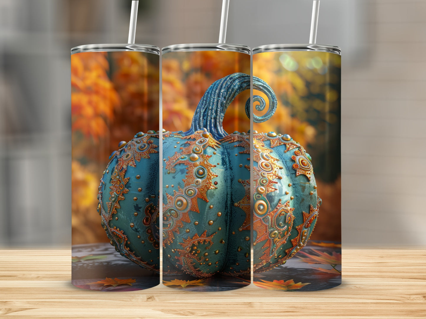 Teal textured pumpkin with ornate gold detailing and a curly stem.