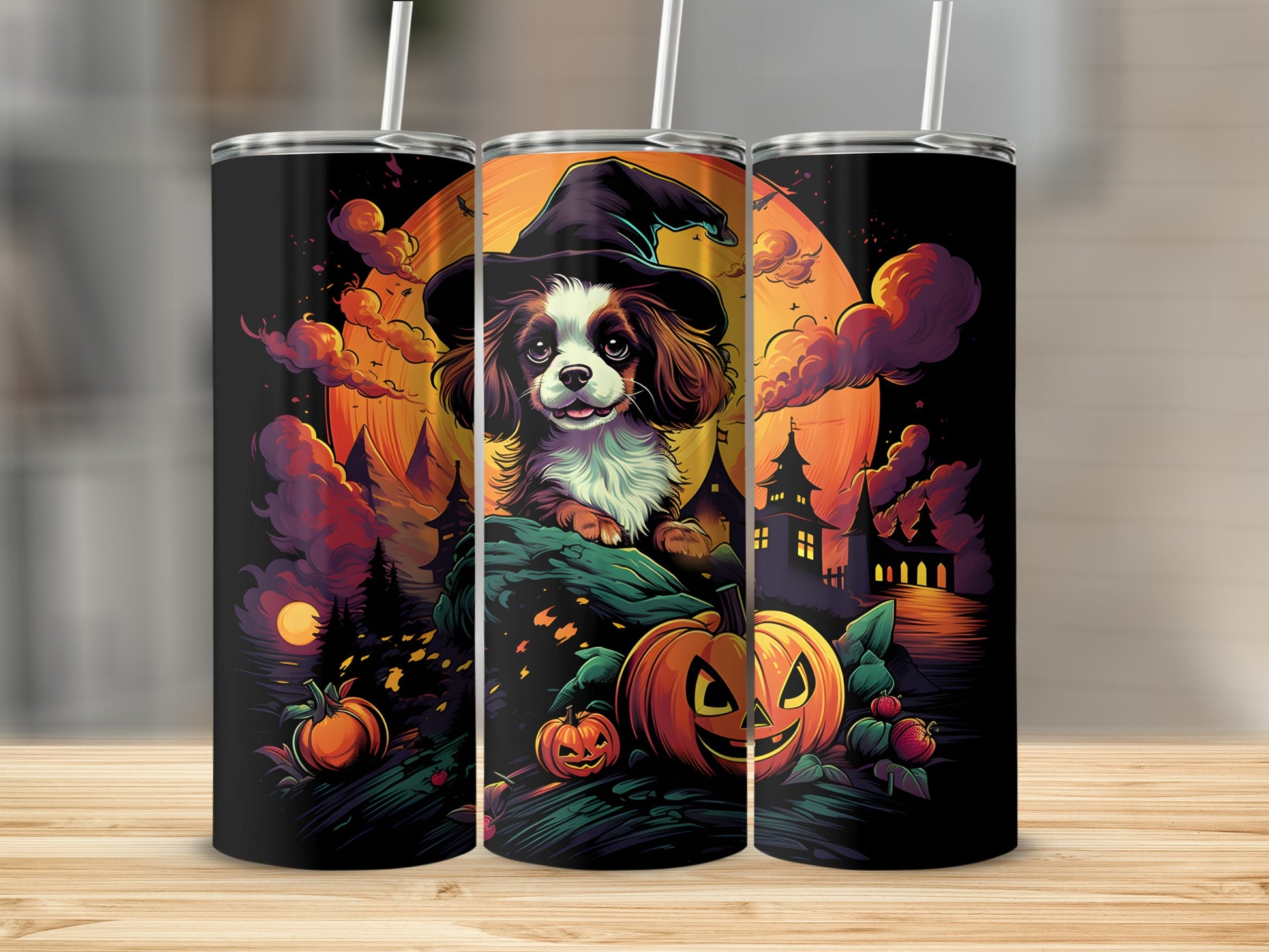 Dog wearing witch hat with Halloween pumpkins and haunted houses on tumblers.