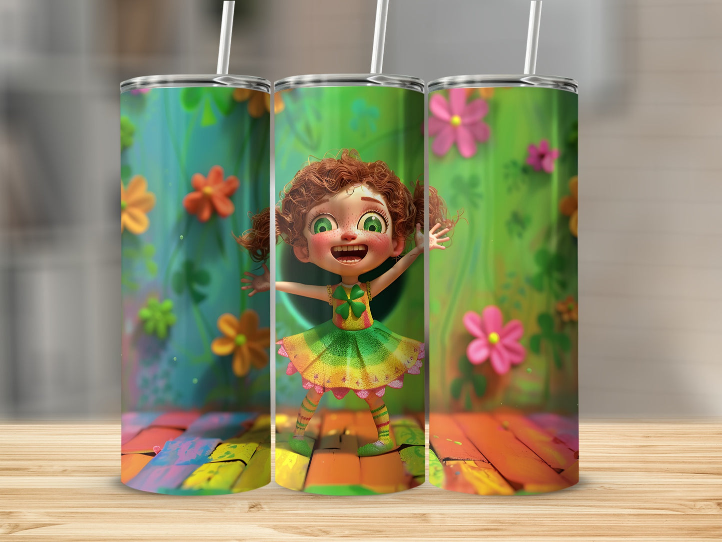 Colorful tumbler with cartoon girl and flowers, displayed on a wooden surface.