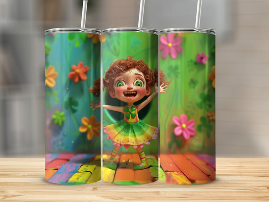 Colorful tumbler with cartoon girl and flowers, displayed on a wooden surface.