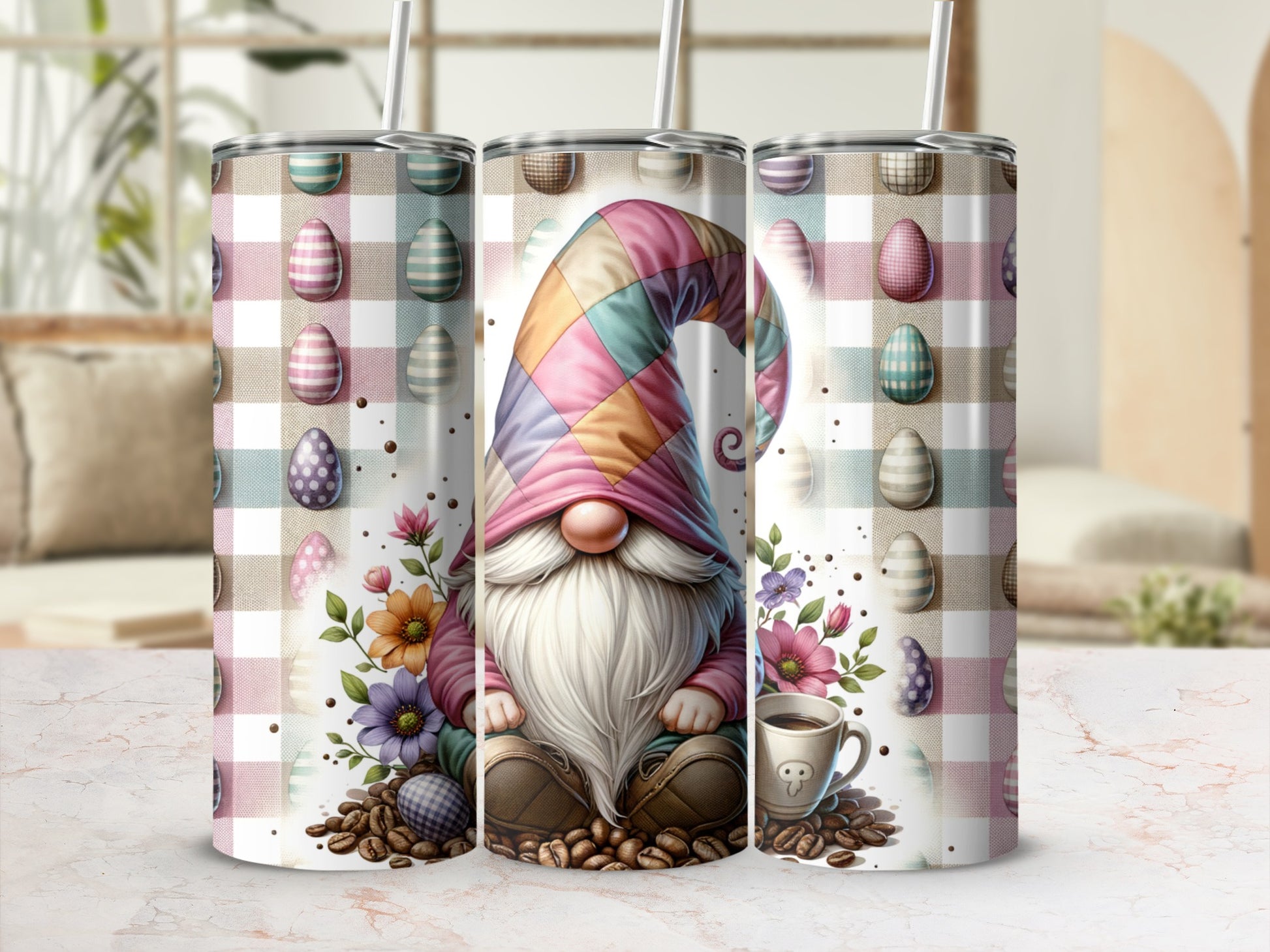 Tartan gnome with colorful hat sitting with coffee cup and Easter eggs.