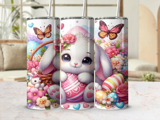 Easter bunny with painted eggs and butterflies, surrounded by flowers and in a basket.