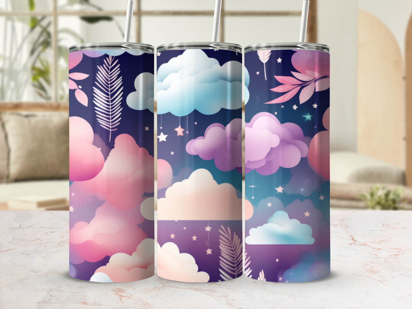 Three tumblers with a cloudy, starry night sky design.