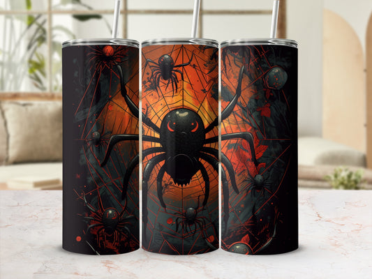 Three tumblers with a Halloween spiderweb and spider design.