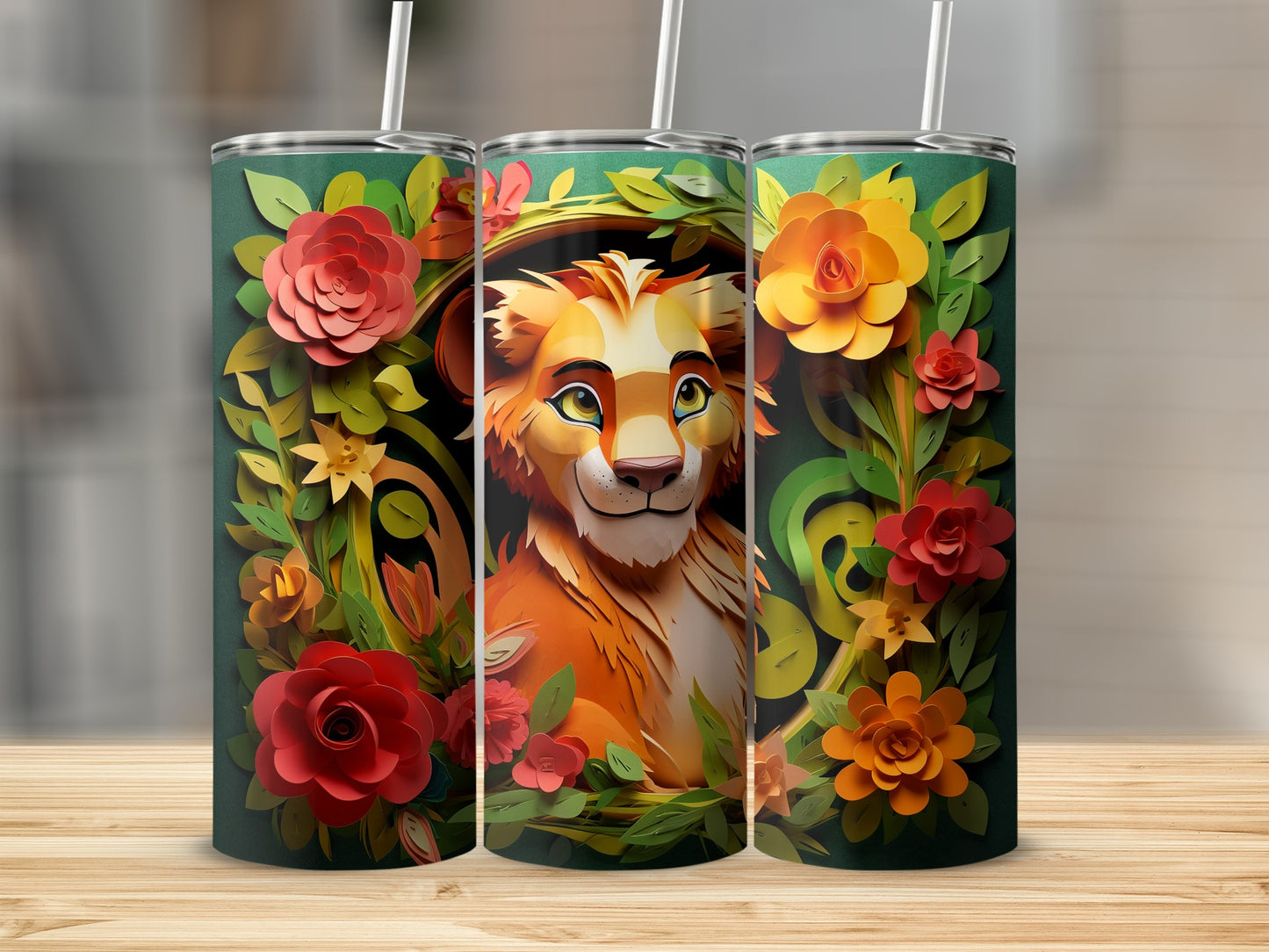 Colorful Lion and Floral Design Stainless Steel Tumbler