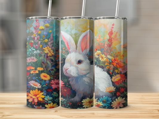 White rabbit among colorful flowers, three tumblers shown.