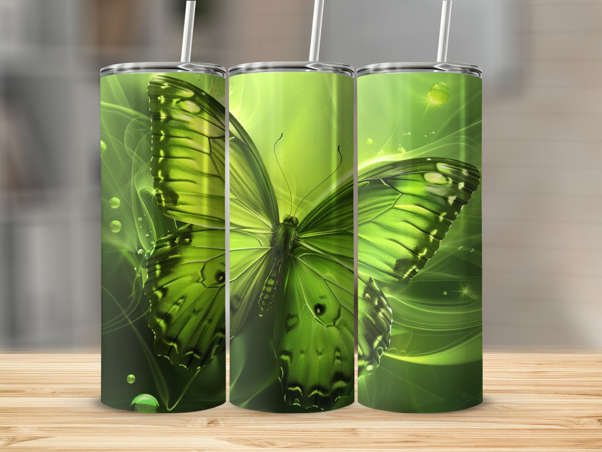 Green butterfly with glowing wings on three tumblers.
