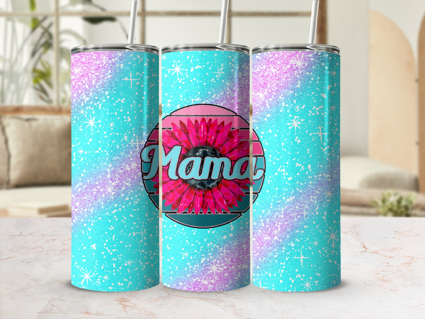 Turquoise and Pink Glitter Floral Mama Tumbler Product