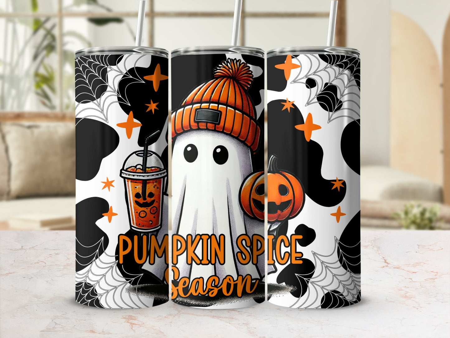 Three tumblers featuring a ghost wearing a beanie, pumpkin, and drink with "Pumpkin Spice Season" text.