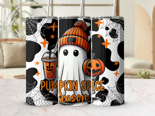 Three tumblers featuring a ghost wearing a beanie, pumpkin, and drink with "Pumpkin Spice Season" text.