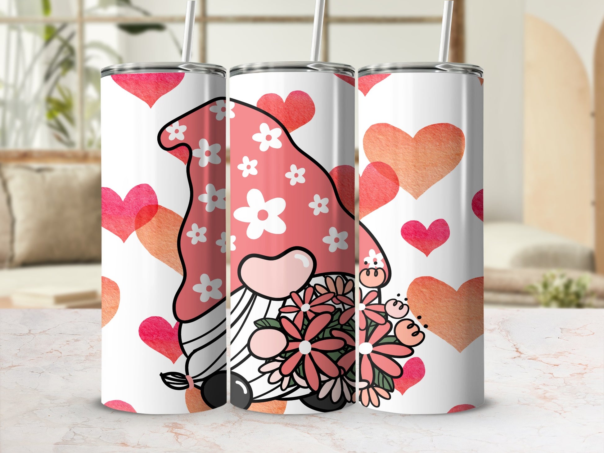 Gnome Holding Flowers and Hearts Tumbler Cup