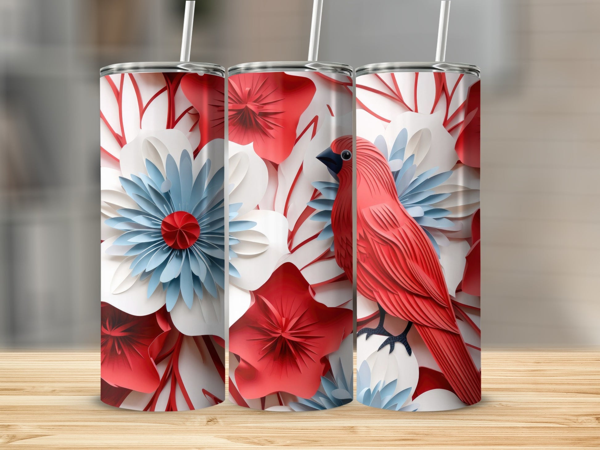 Vibrant Red Bird and Flowers Design Tumbler