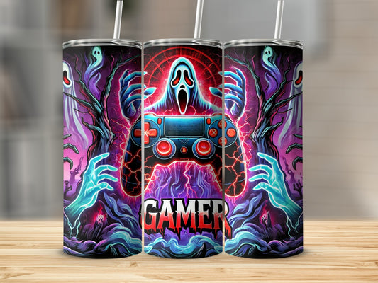 Ghostly hands hold a video game controller with "GAMER" text.
