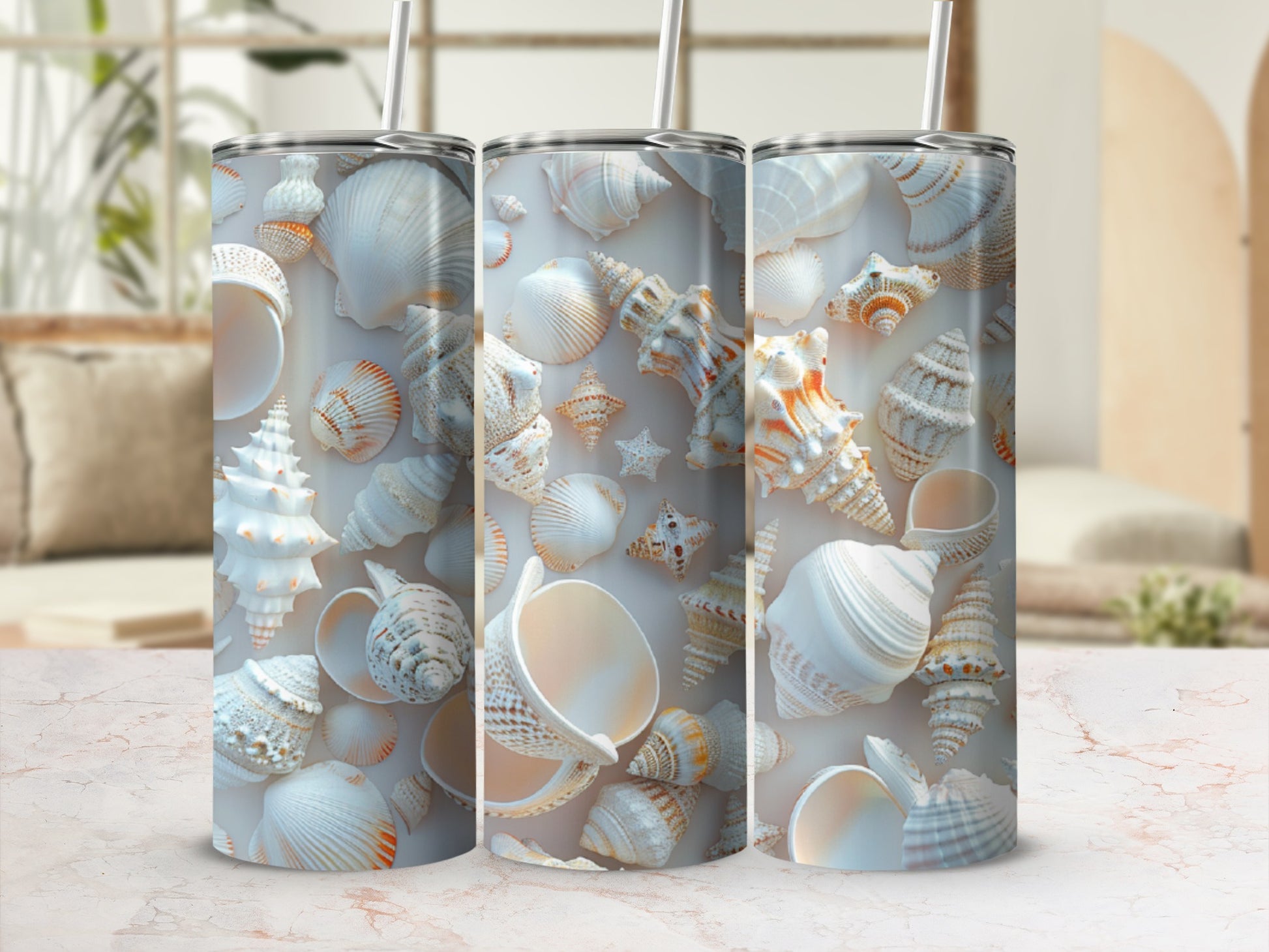 Three tumblers with a detailed seashell pattern.