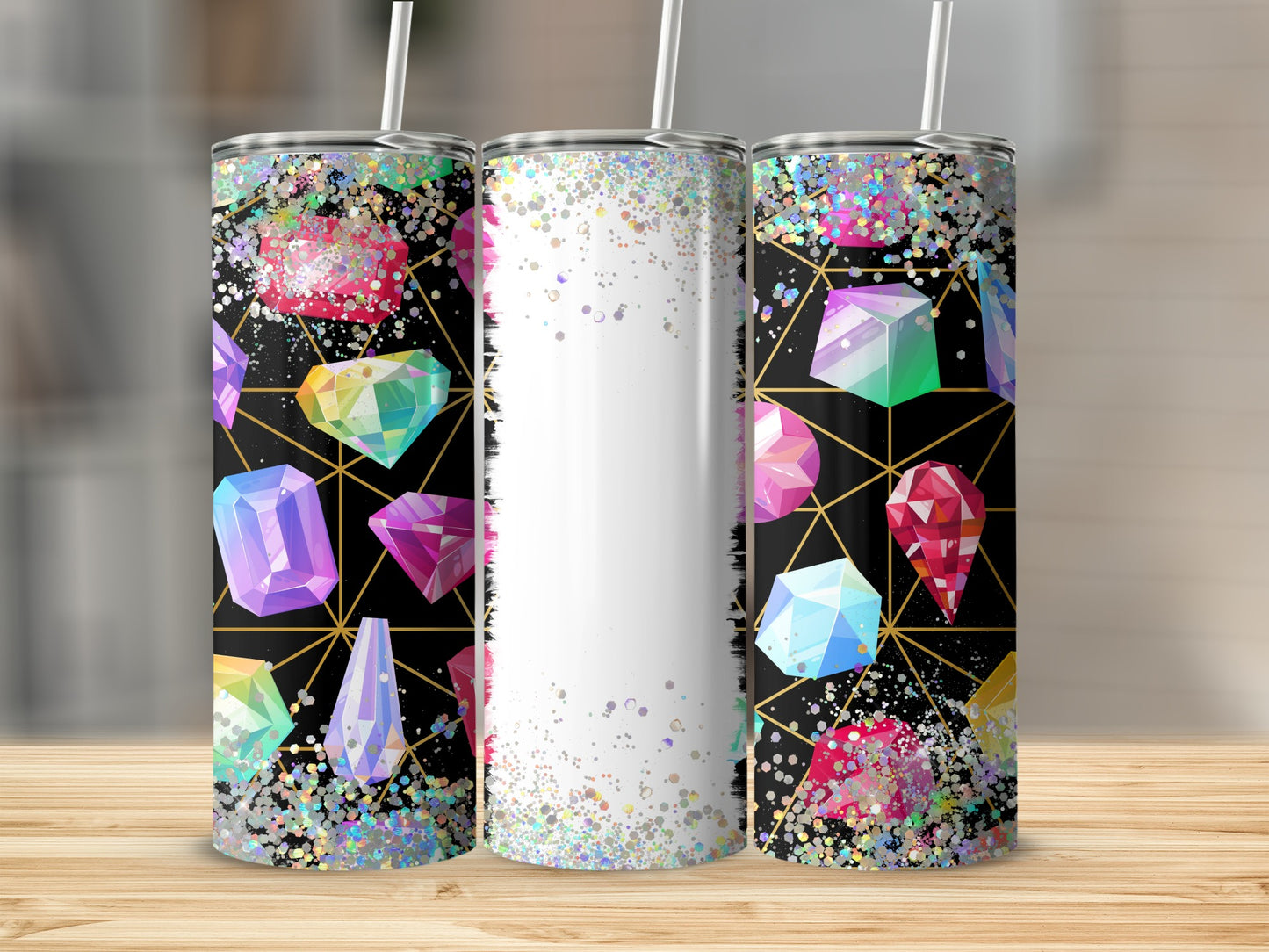 Three tumblers with geometric gemstone pattern and glitter accents.