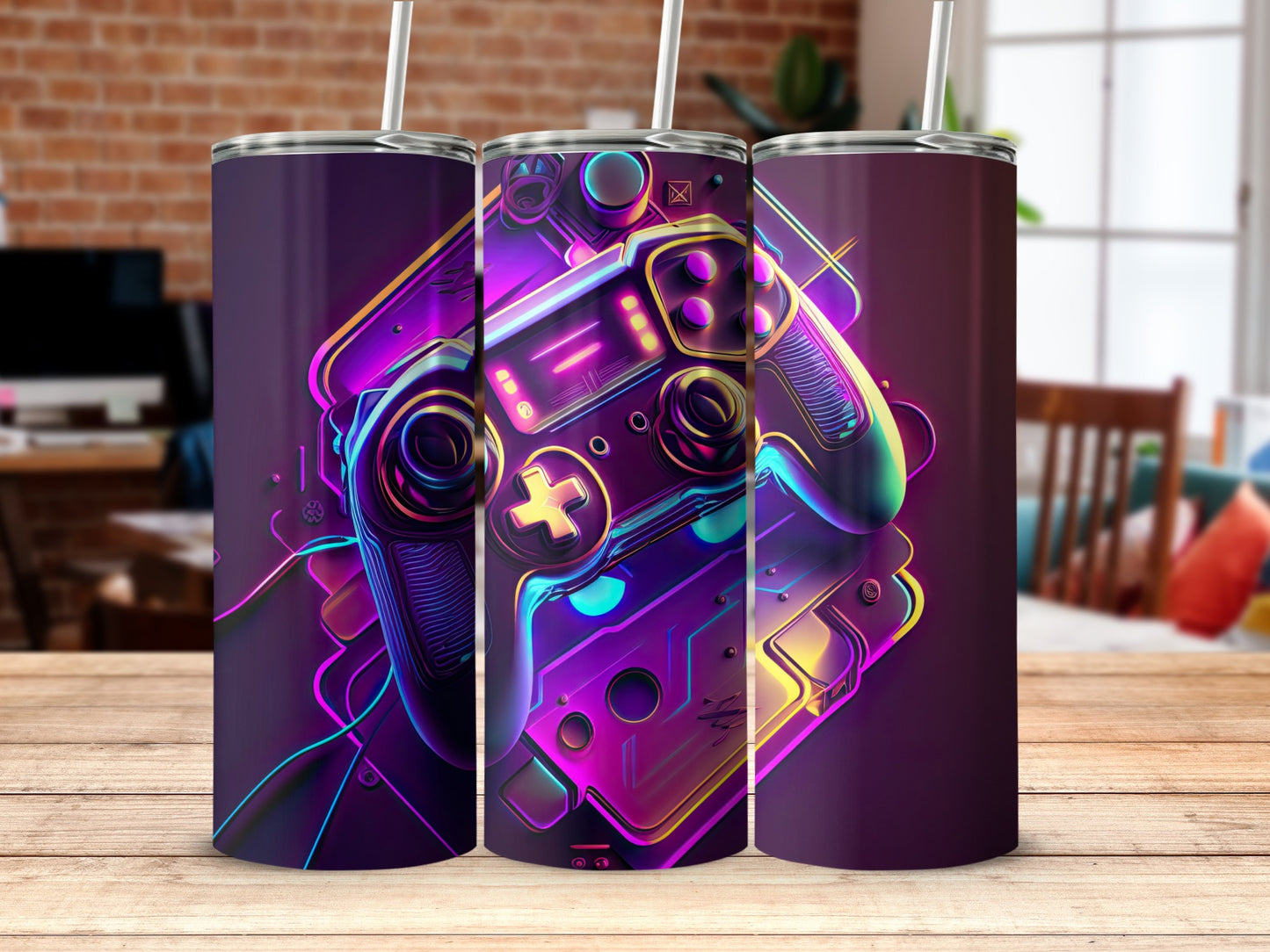 Neon Game Controller Themed Tumbler with Straw