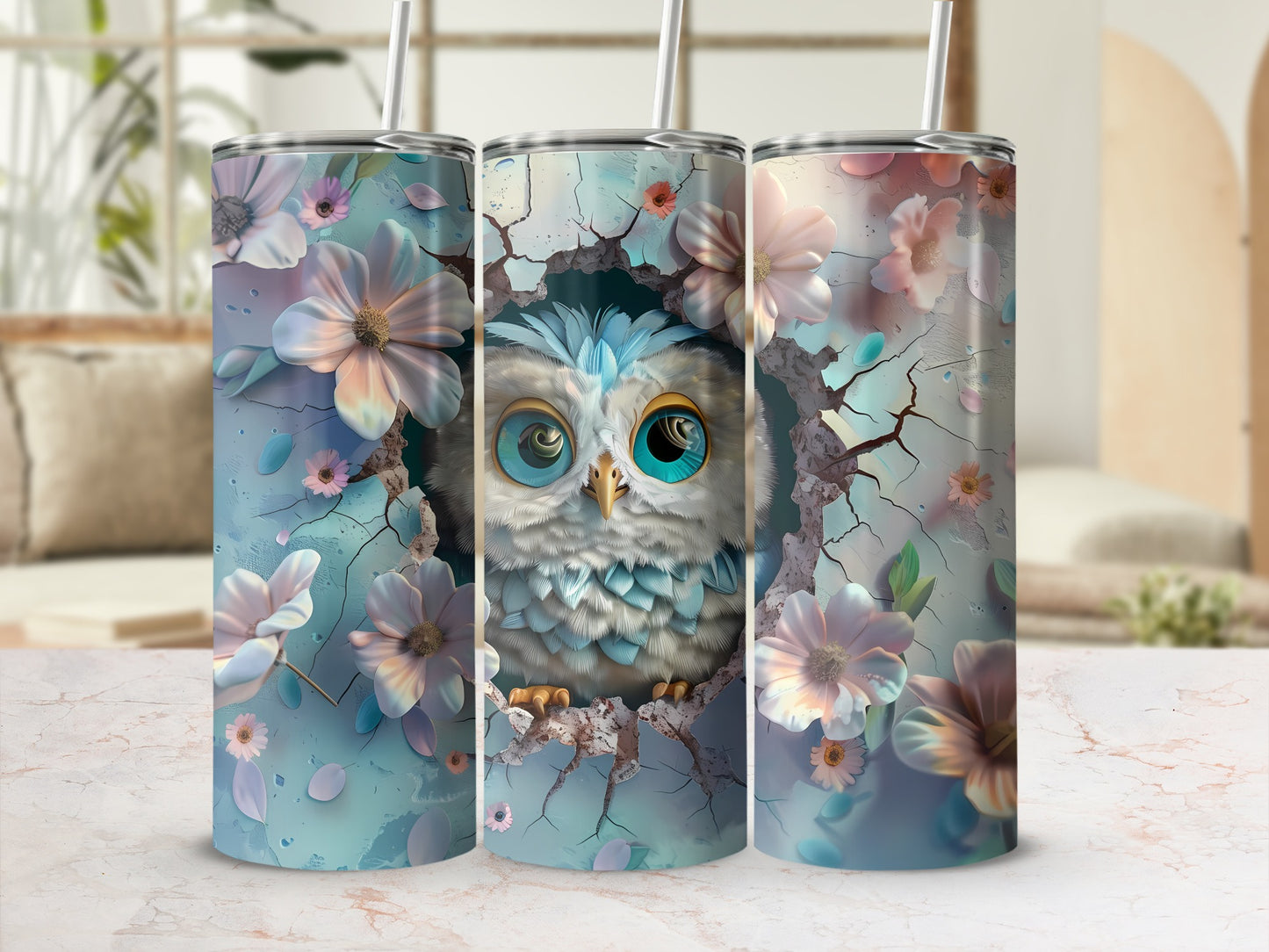Owl emerging from cracked blue surface surrounded by flowers.