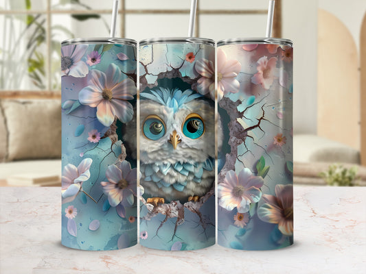 Owl emerging from cracked blue surface surrounded by flowers.