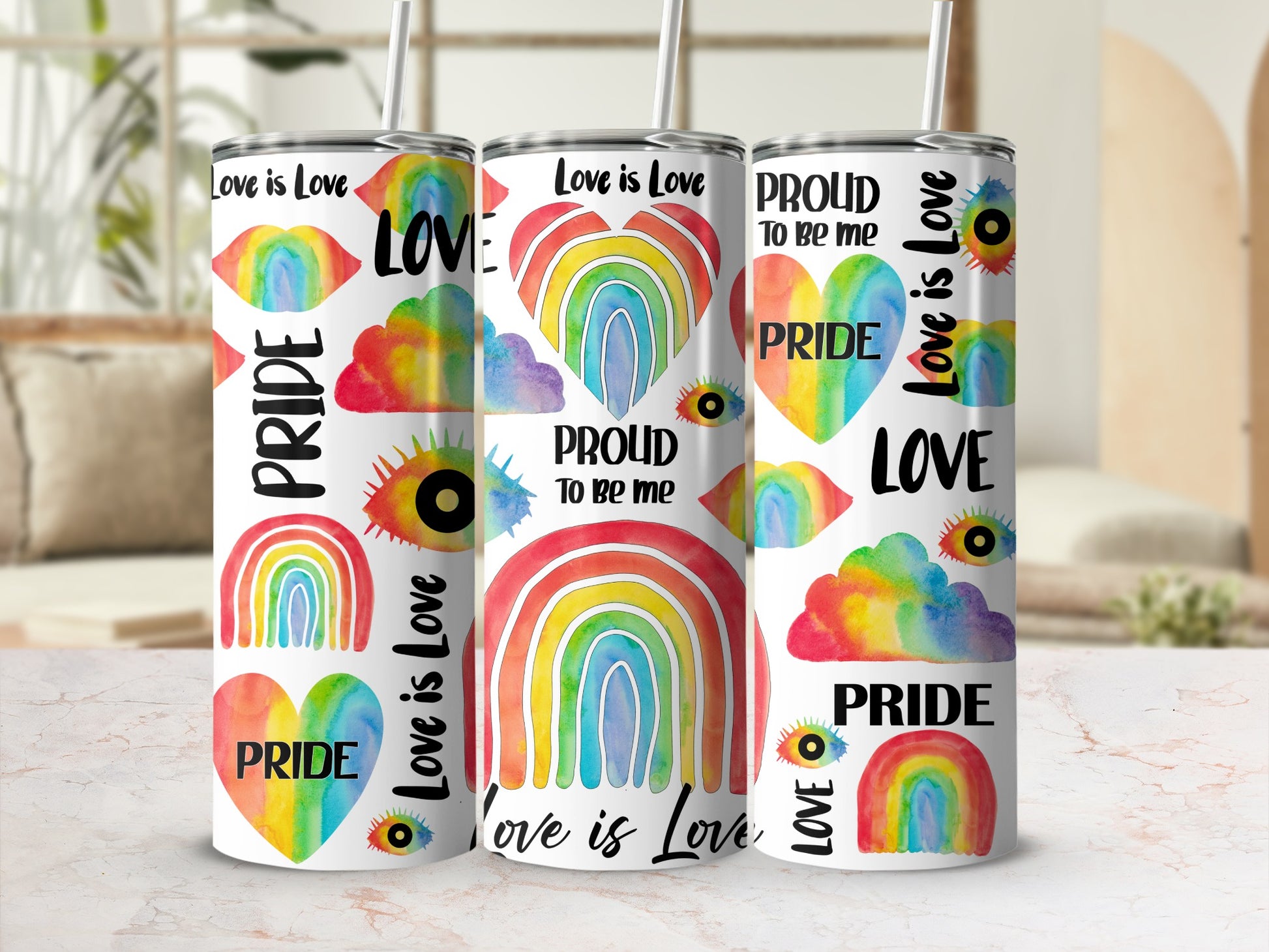Three tumblers with Pride colors, rainbows, hearts, and "Love is Love" text.