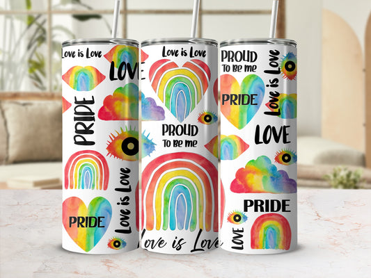 Three tumblers with Pride colors, rainbows, hearts, and "Love is Love" text.