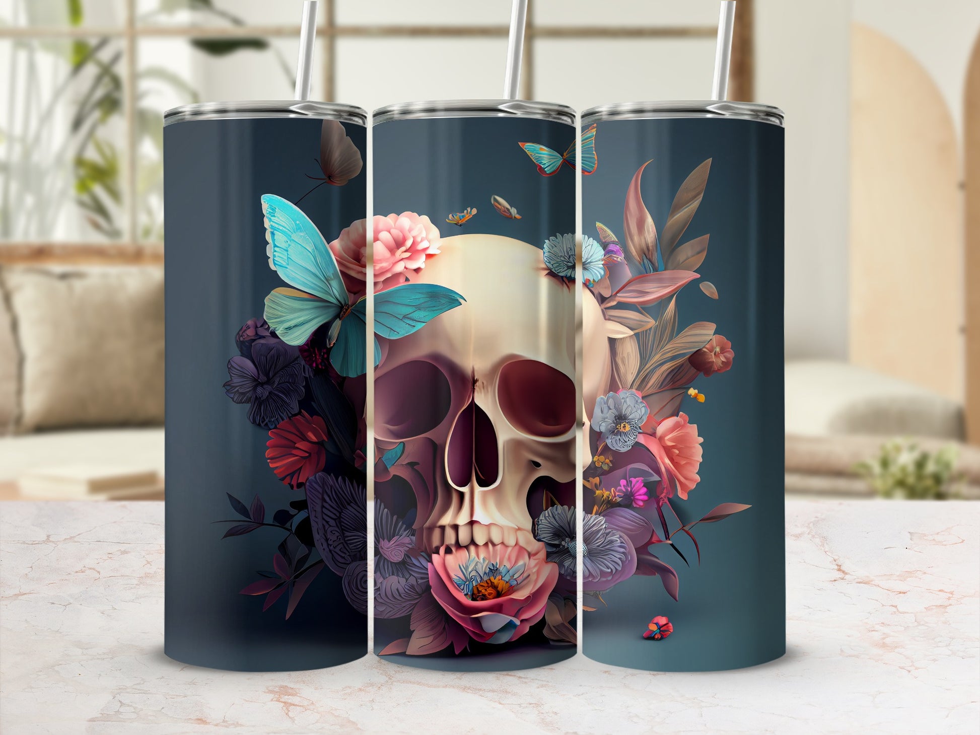 Skull with Flowers and Butterflies Stainless Steel Tumbler