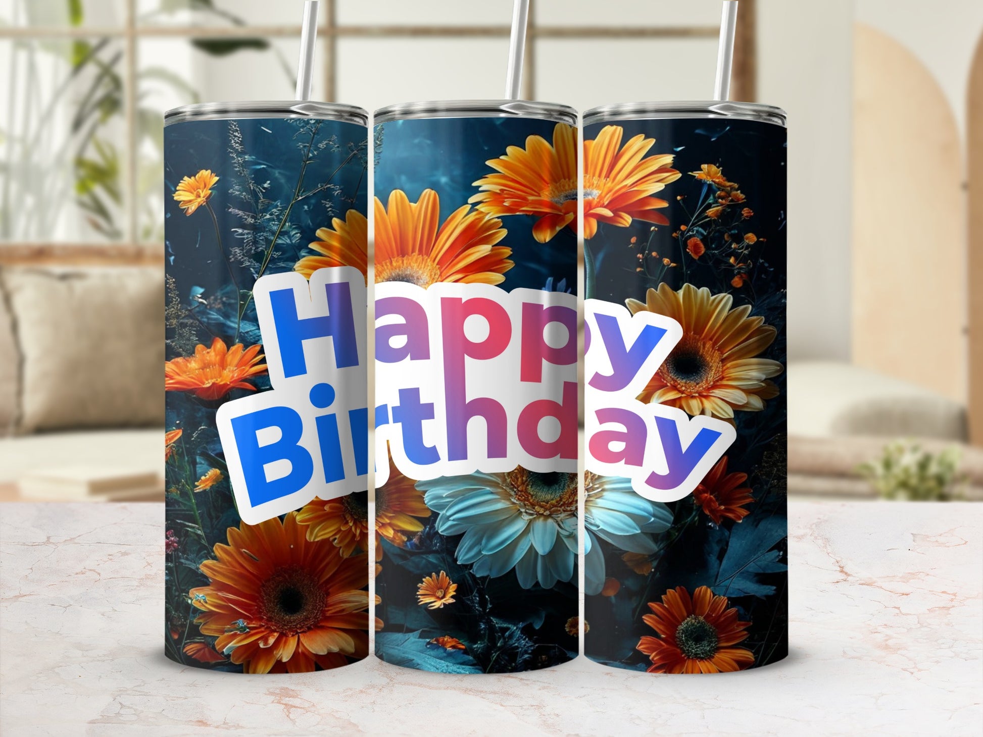 Birthday tumbler with orange and white flowers and "Happy Birthday" text.