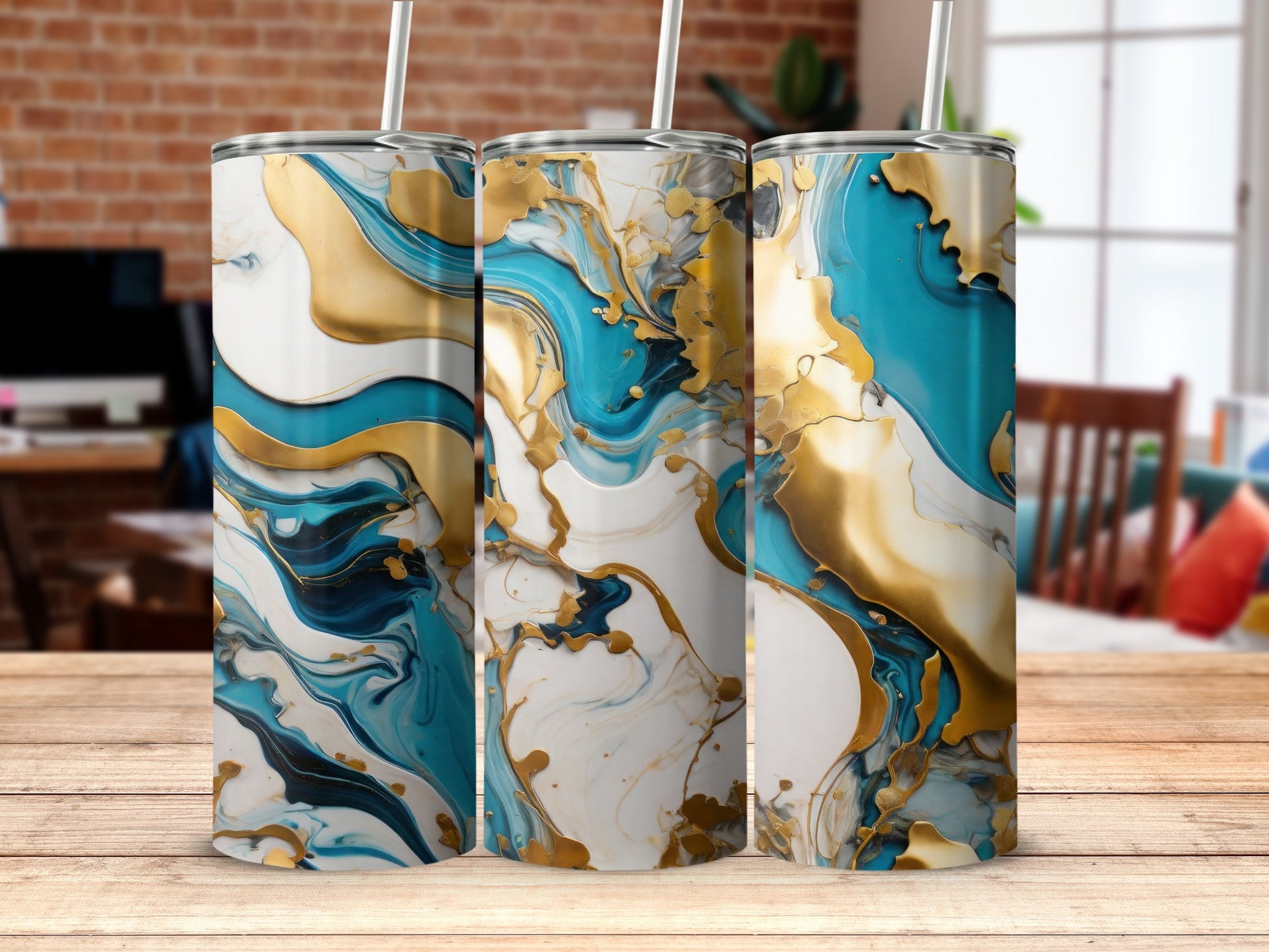 Abstract Gold Teal White Swirl Pattern Tumbler product type