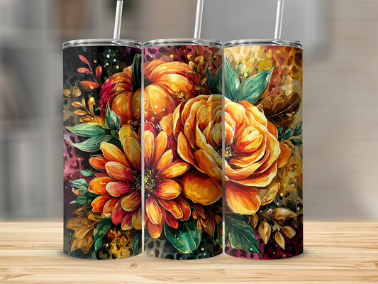 Vibrant Floral Design Tumbler with Straws for Beverages
