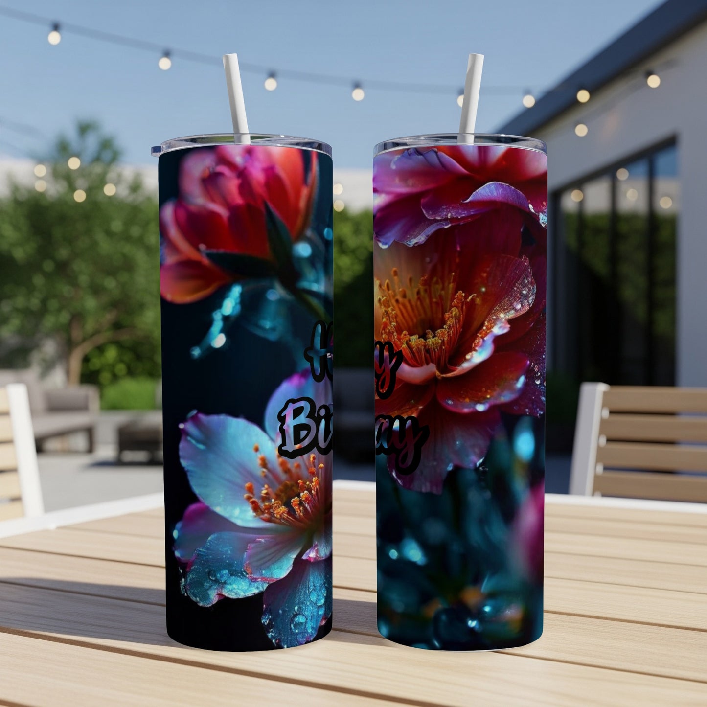Two tumblers with colorful floral designs and "Happy Birthday" text.