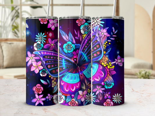 Three tumblers with a vibrant butterfly and floral design against a starry night background.
