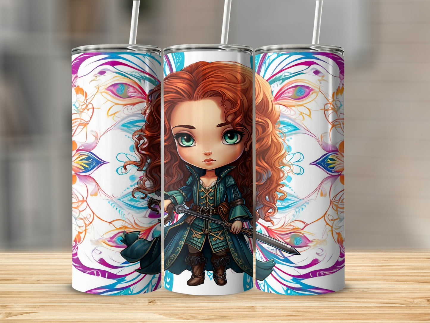 Vibrant Warrior Design Tumbler with Colorful Patterns