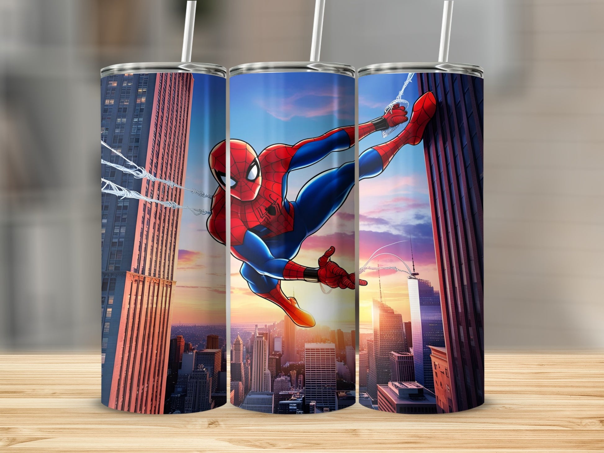 Spiderman swinging through a city at sunset on a tumbler.