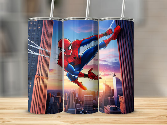 Spiderman swinging through a city at sunset on a tumbler.