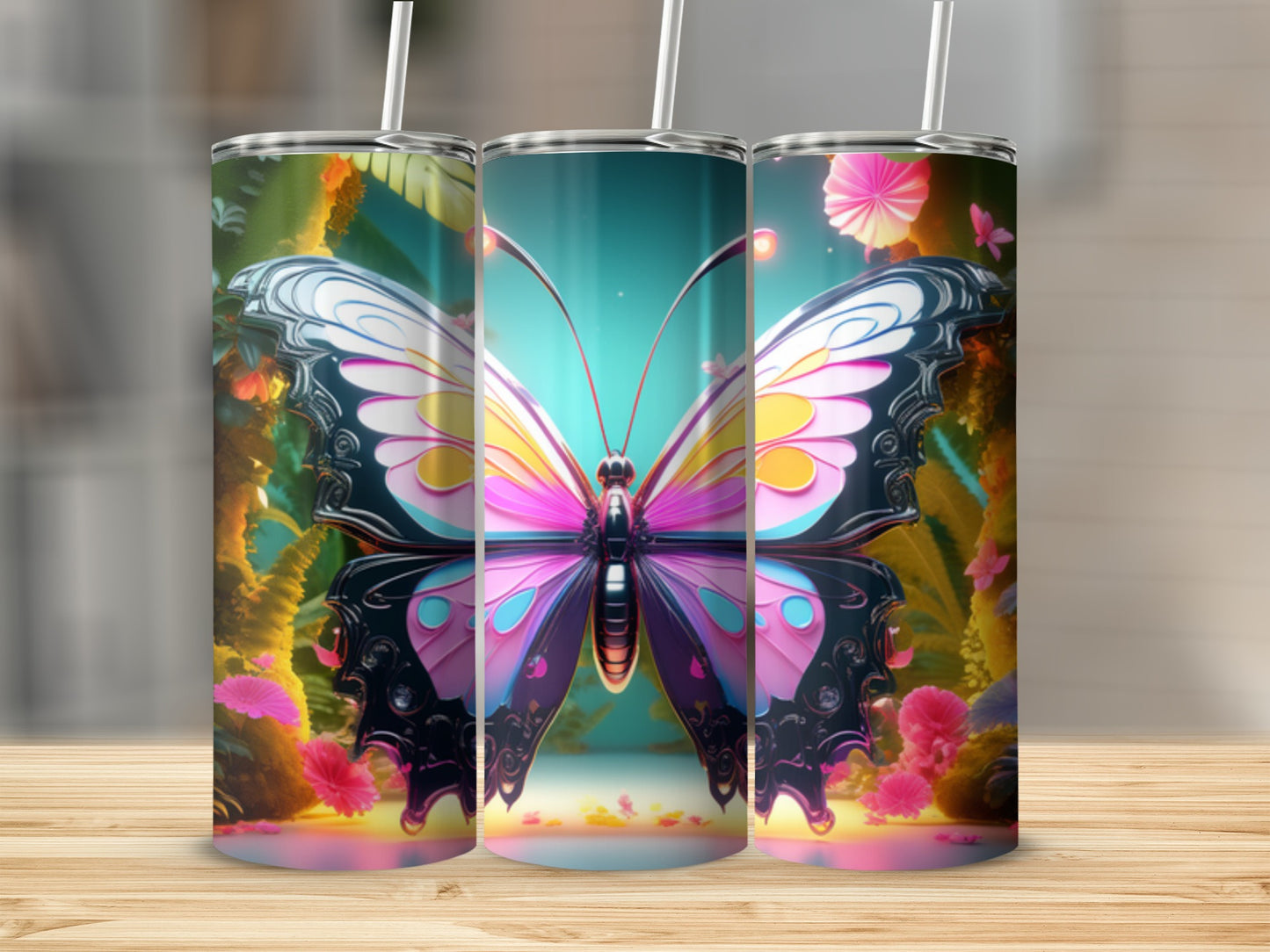 Butterfly design on a tall, cylindrical tumbler with straws.