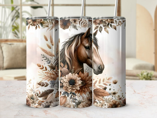 Horse head surrounded by neutral, floral, and wheat accents on a tumbler.