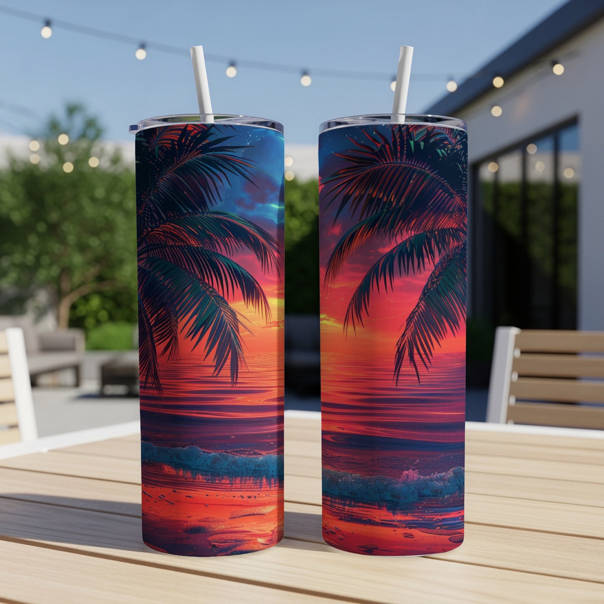 Two tumblers featuring a sunset over an ocean with palm trees.