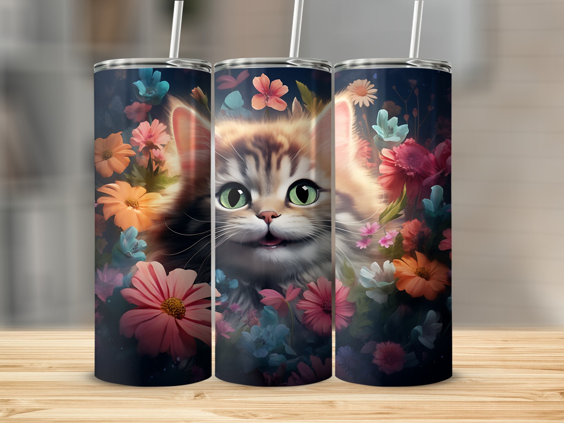 Three tumblers featuring a cute cat surrounded by colorful flowers.