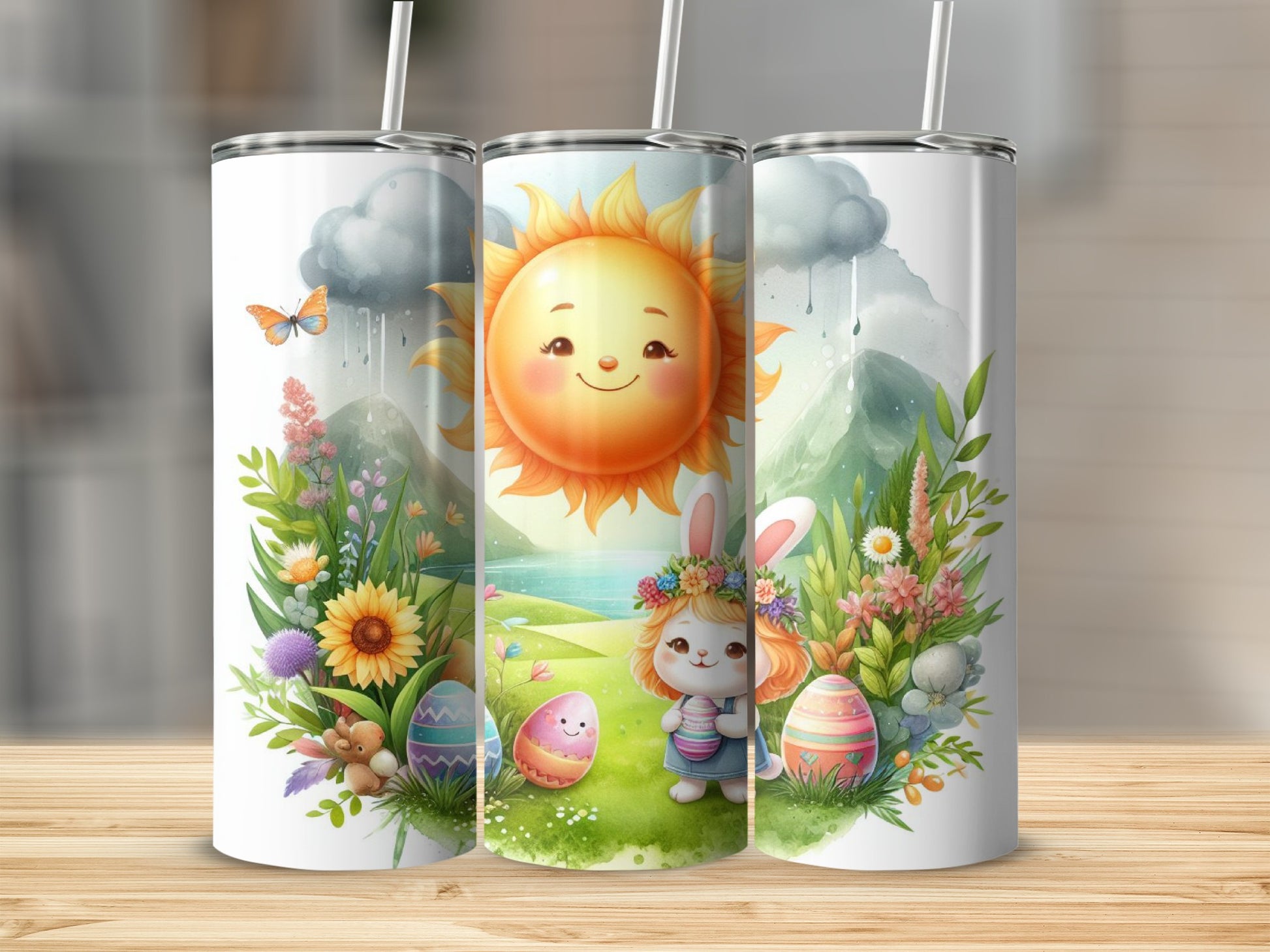 Easter bunny and eggs with a smiling sun against a spring landscape.