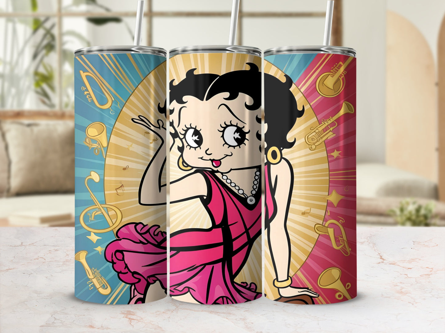 Betty Boop in pink dress with musical instruments background.