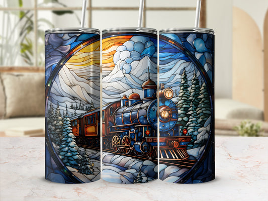 Train in snowy landscape framed by stained glass pattern.