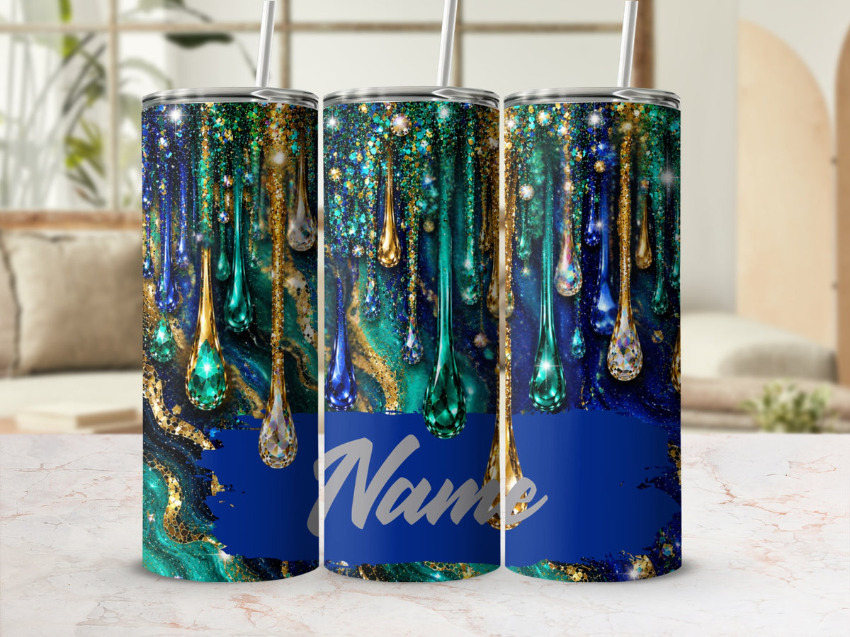 Three tumblers with a dripping jewel and glitter design, featuring a blue banner with "Name" text.