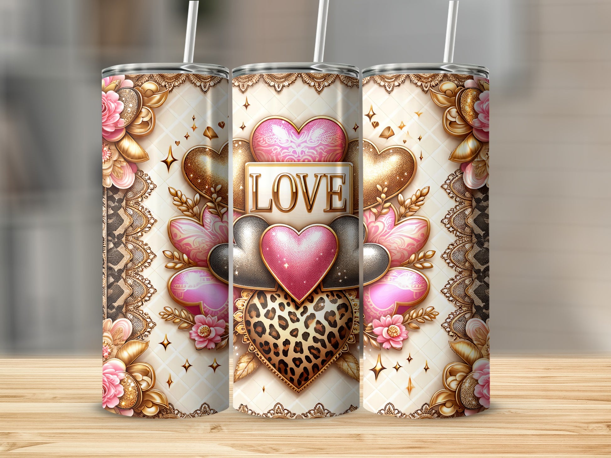 Glamorous Pink Gold LOVE Hearts Leopard Print Tumbler product type