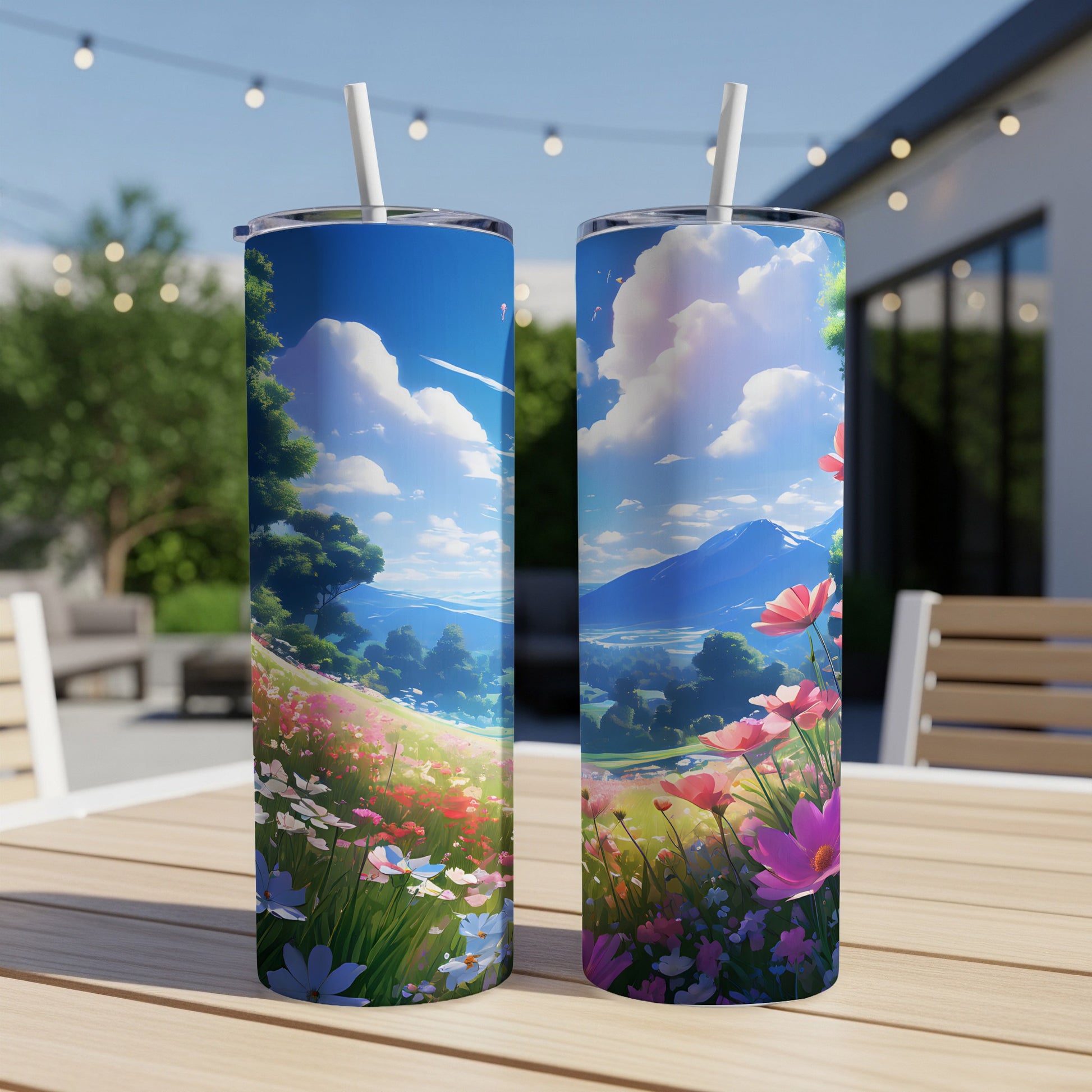 Two tumblers featuring a vibrant, stylized landscape with rolling hills, mountains, and flowers.